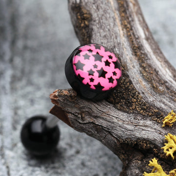 Detail View 1 of Multi Stars Pink Logo Acrylic Barbell Tongue Ring-Pink